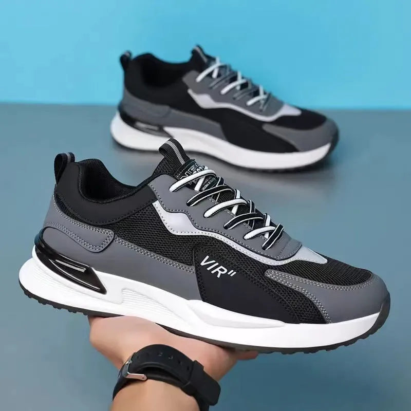 Men's colour block mesh sneakers with lace-up design and round toe in black, grey, and white options