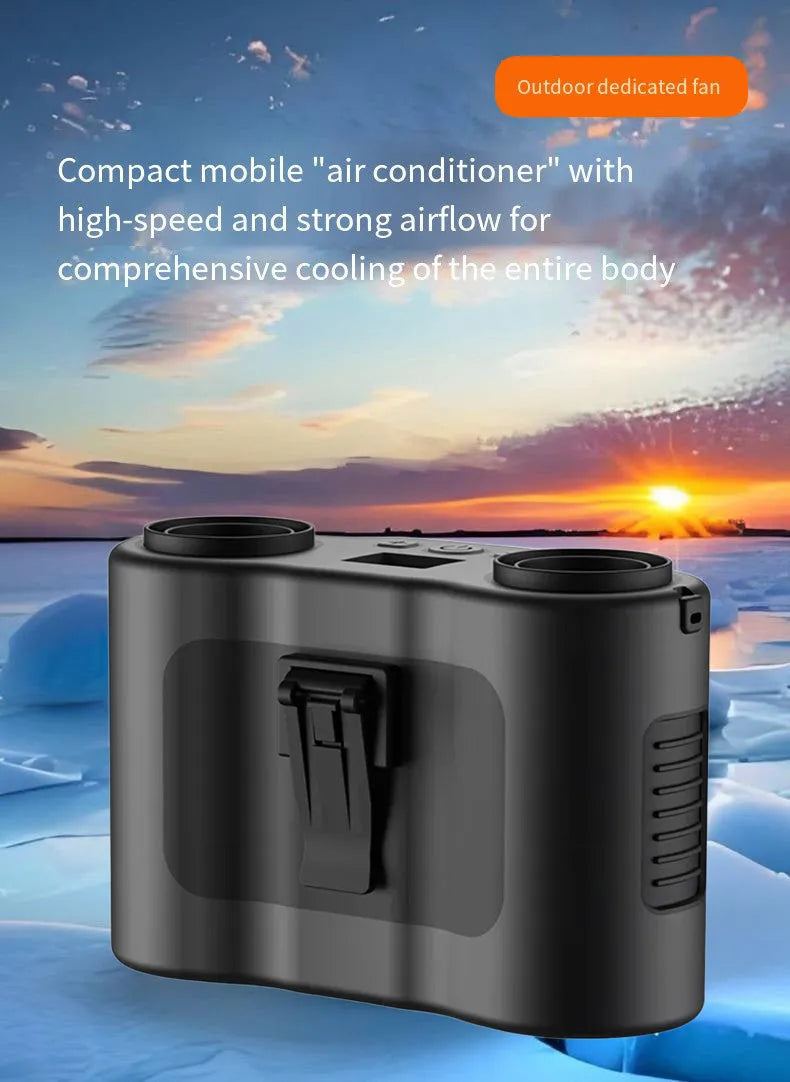 Black waist-hung personal fan with neck lanyard attached, showing the five-blade turbine and top control button.