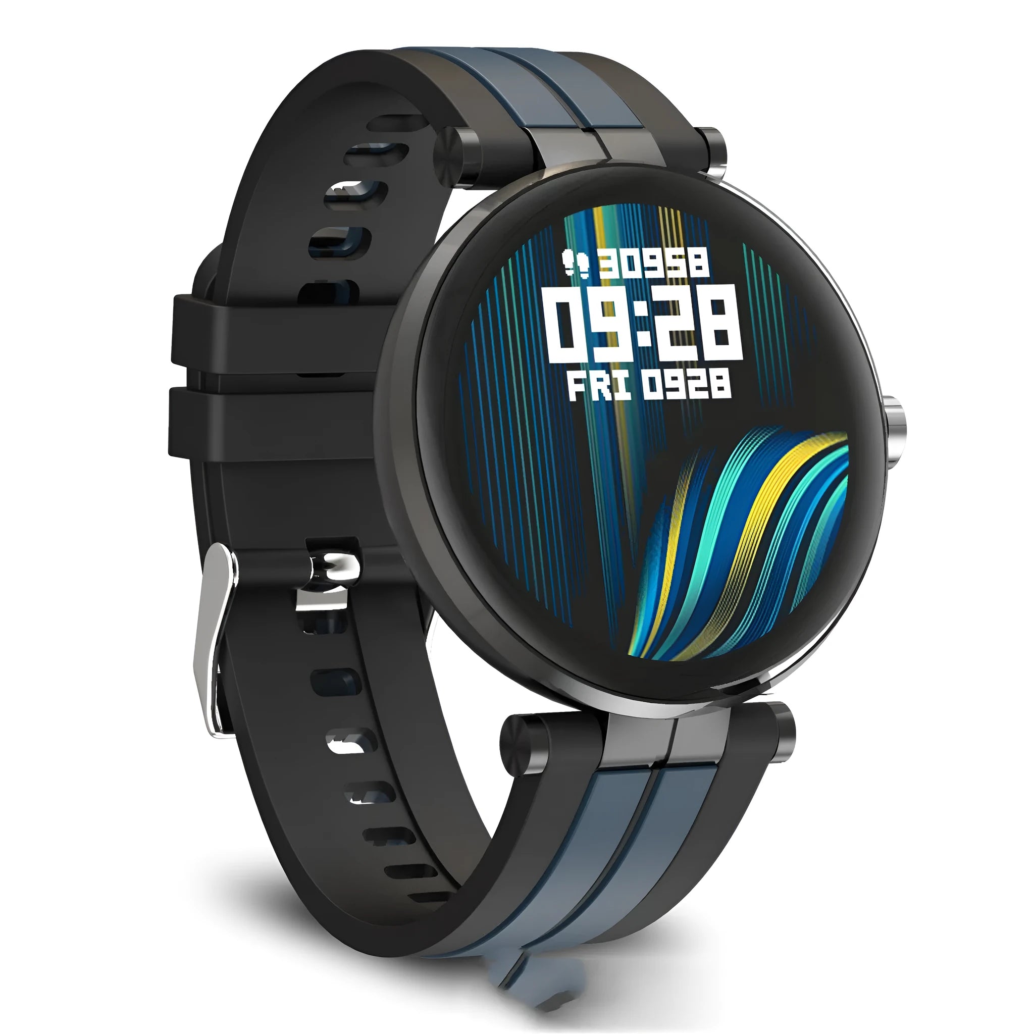 Smart watch fitness tracker with blood pressure monitor on wrist showing heart rate display