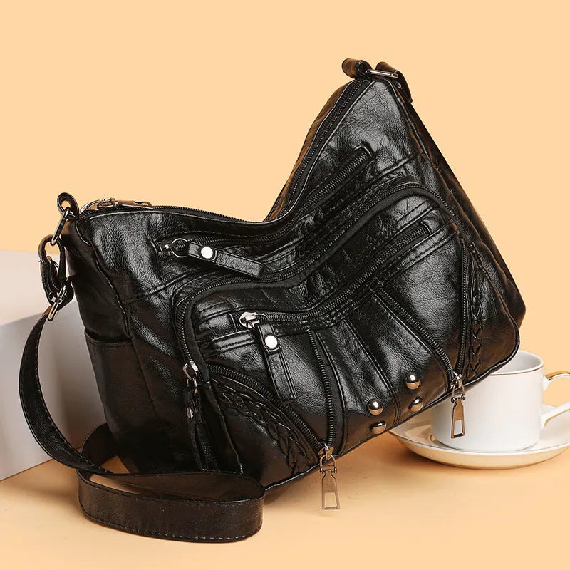 Large capacity women's PU shoulder bag in horizontal square shape with sandwich pocket, available in beige, black, blue, brown and red