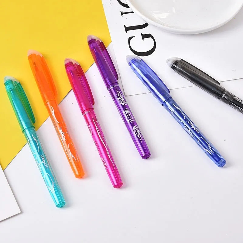 Heat-erasable gel pens with stainless steel nibs in 0.5mm and 0.7mm sizes