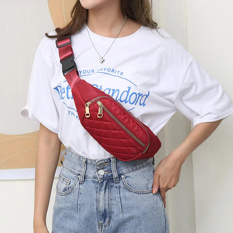 Rhombus fanny pack for women in solid colour, crossbody waist bag with zippered compartments