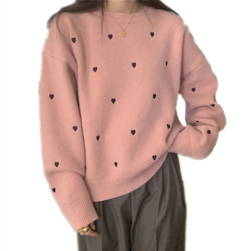 Women's loose fit acrylic pullover sweater with crew neck, long sleeves, and love-pattern embroidery