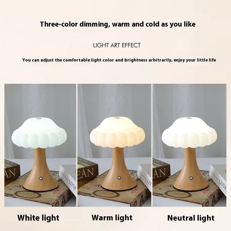 Small decorative mushroom-shaped night lamp in wood grain colour with touch control.