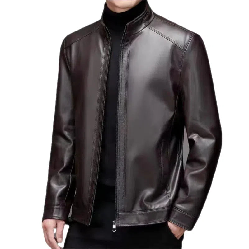 Men's horse leather jacket, loose 100cm lengthened cut, stand or turn-down collar, black or brown, fleece-lined option