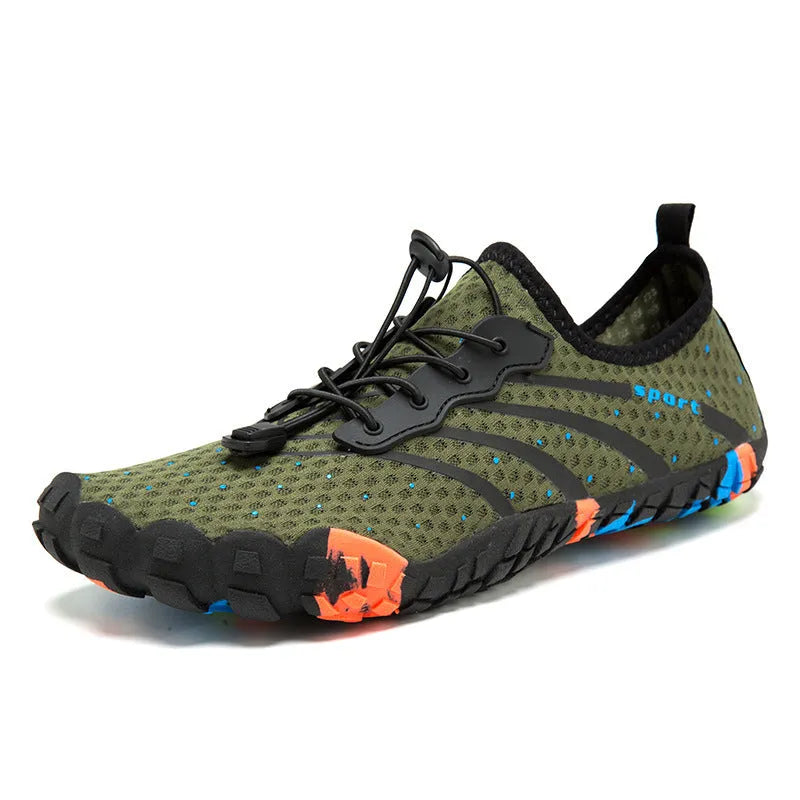 Fast drainage beach swimming shoes with mesh fabric upper and rubber sole in army green colour