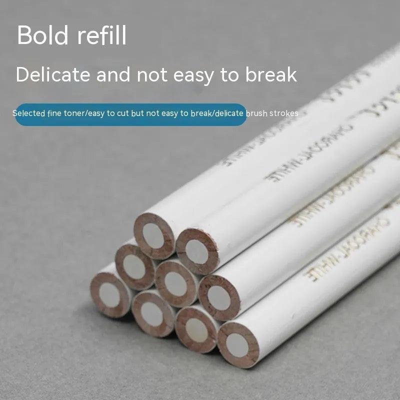 Set of three white charcoal pencils with wooden barrels for sketching on dark paper.