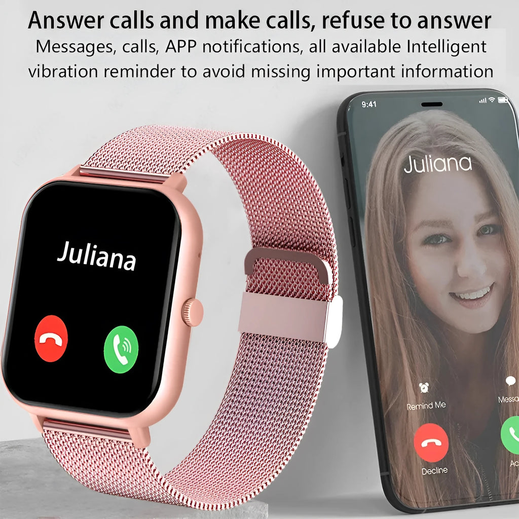 ZL54C smart watch showing AMOLED display with health metrics, available in black, silver, pink, and Milan steel strap variations