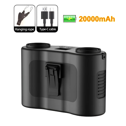 Black waist-hung personal fan with neck lanyard attached, showing the five-blade turbine and top control button.