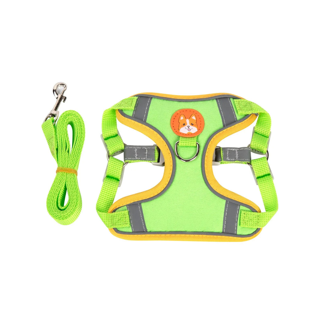 Adjustable dog harness with haulage rope in purple, blue, orange, red, brown, or green.
