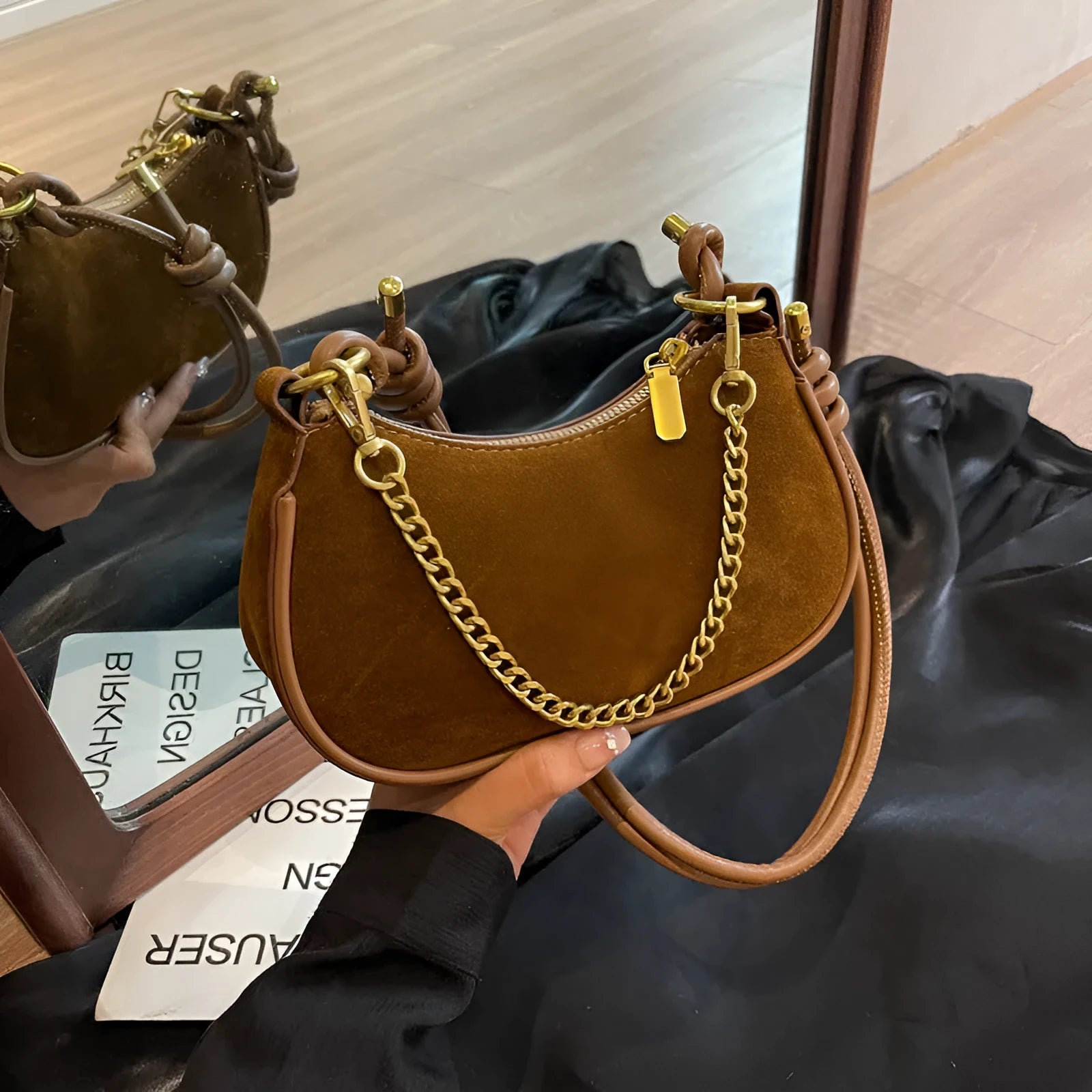 Minority frosted square PU crossbody shoulder bag in brown with single strap and sewing line detail