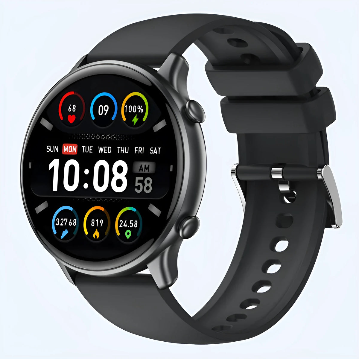 Round touch screen smart sports watch with heart rate monitor on silicone wrist strap