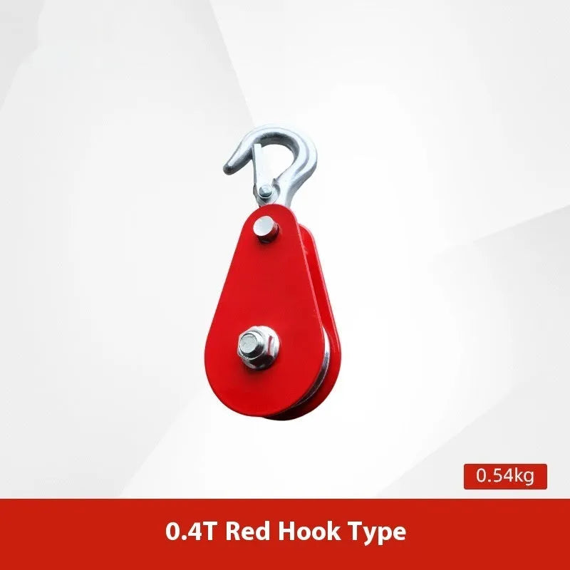 Red industrial lifting pulley with safety latch and forged steel construction