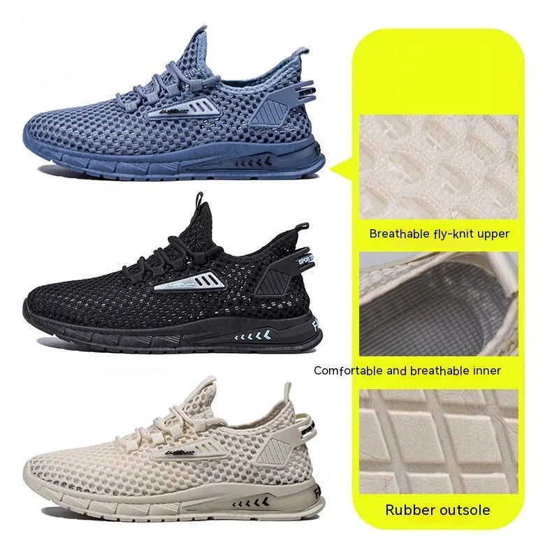 Men's beige mesh sneakers with lace-up front and synthetic leather upper on a white background.
