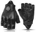 Retro Mo Trailer black sheepskin half finger riding gloves on a motorcycle handlebar