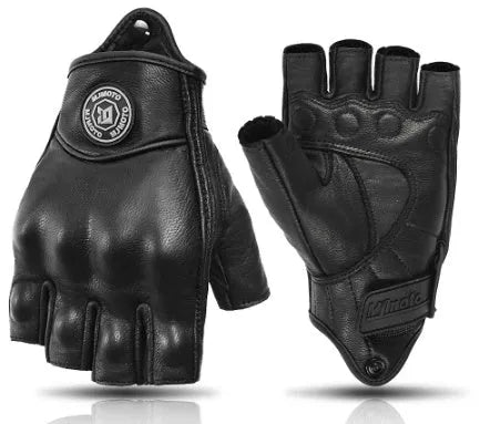 Retro Mo Trailer black sheepskin half finger riding gloves on a motorcycle handlebar