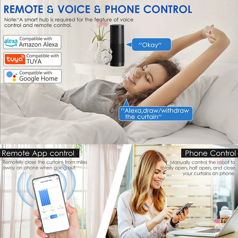Electric curtain robot for Roman rod track, with remote, app, voice control, WiFi, and Alexa support.