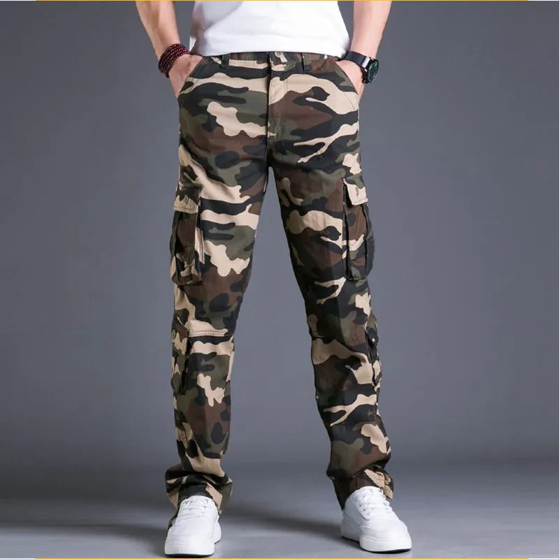 Men's straight leg cotton camouflage pants in army green colour, washed finish, sizes 29-44