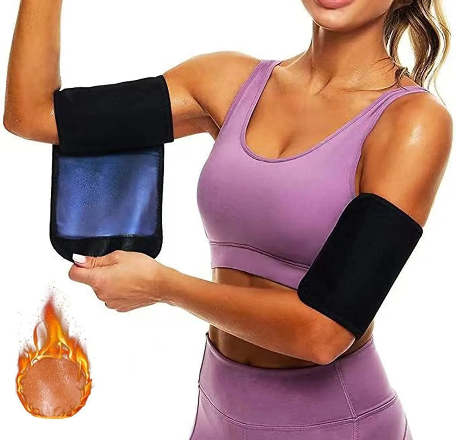 Adjustable arm sweatband with hook-and-loop strap in blue, shown on an arm during exercise.
