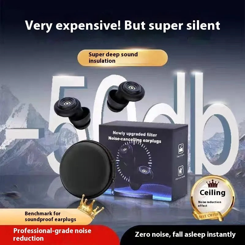 Set of noise reduction earplugs for sleep with storage bag in dark night black and creamy-white