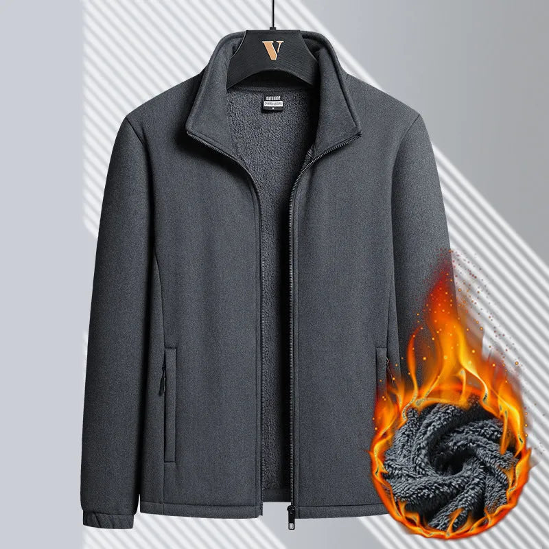 Men's grey berber fleece coat cardigan with a stand-up collar and zipper pockets