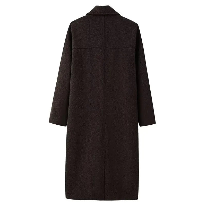 Double-breasted wool coat for women, extended length over 100cm, literary retro style, blend fabric with spandex, sizes S-L.