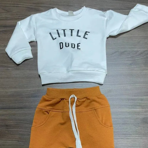 Boys' casual BUBS letter print cotton top and trousers set in gray on white background