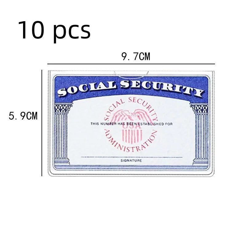 Clear transparent PVC plastic ID card holder for social security cards measuring 9.7 by 5.9 centimetres.