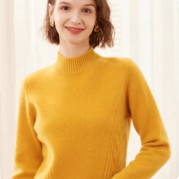 Women's pure cashmere turtleneck sweater in warm beige, high-neck design, soft knit texture