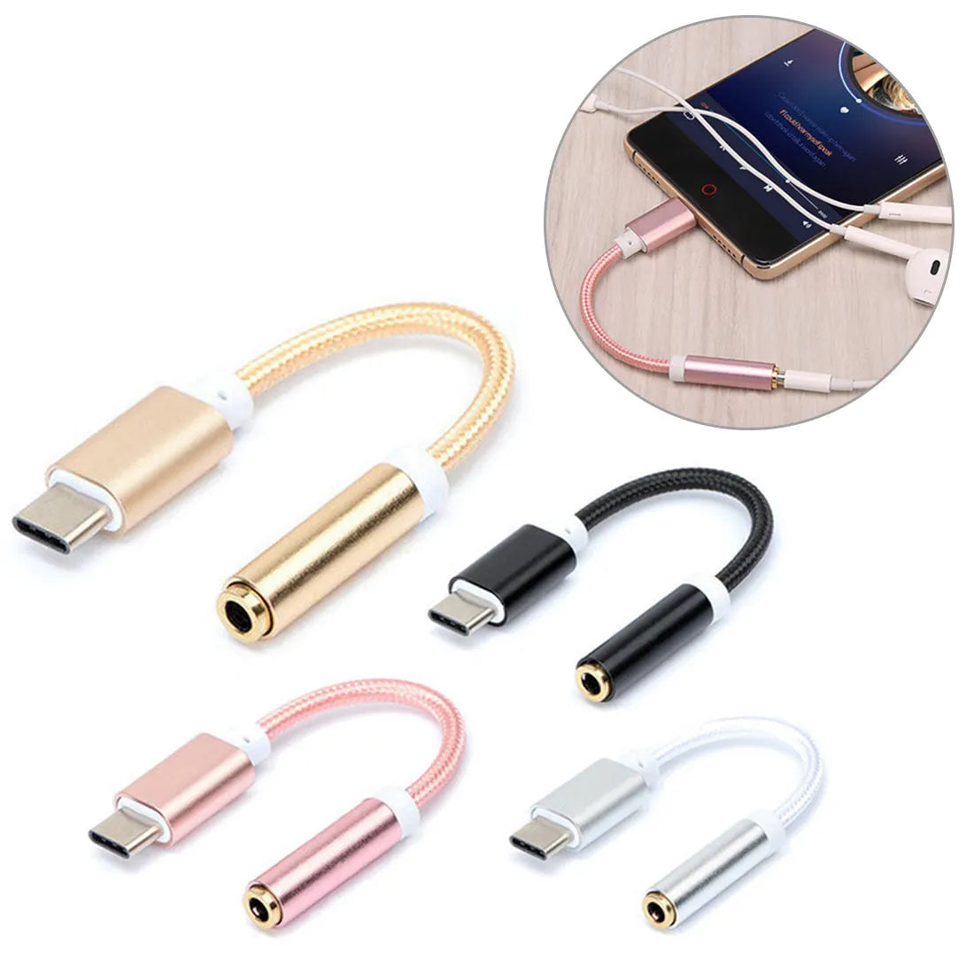 Type-C to 3.5mm female headphone adapter cable with nylon braid in four colour options.