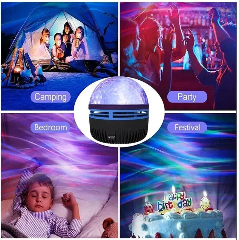 LED star galaxy projector lamp with colourful rotating light on a dark surface