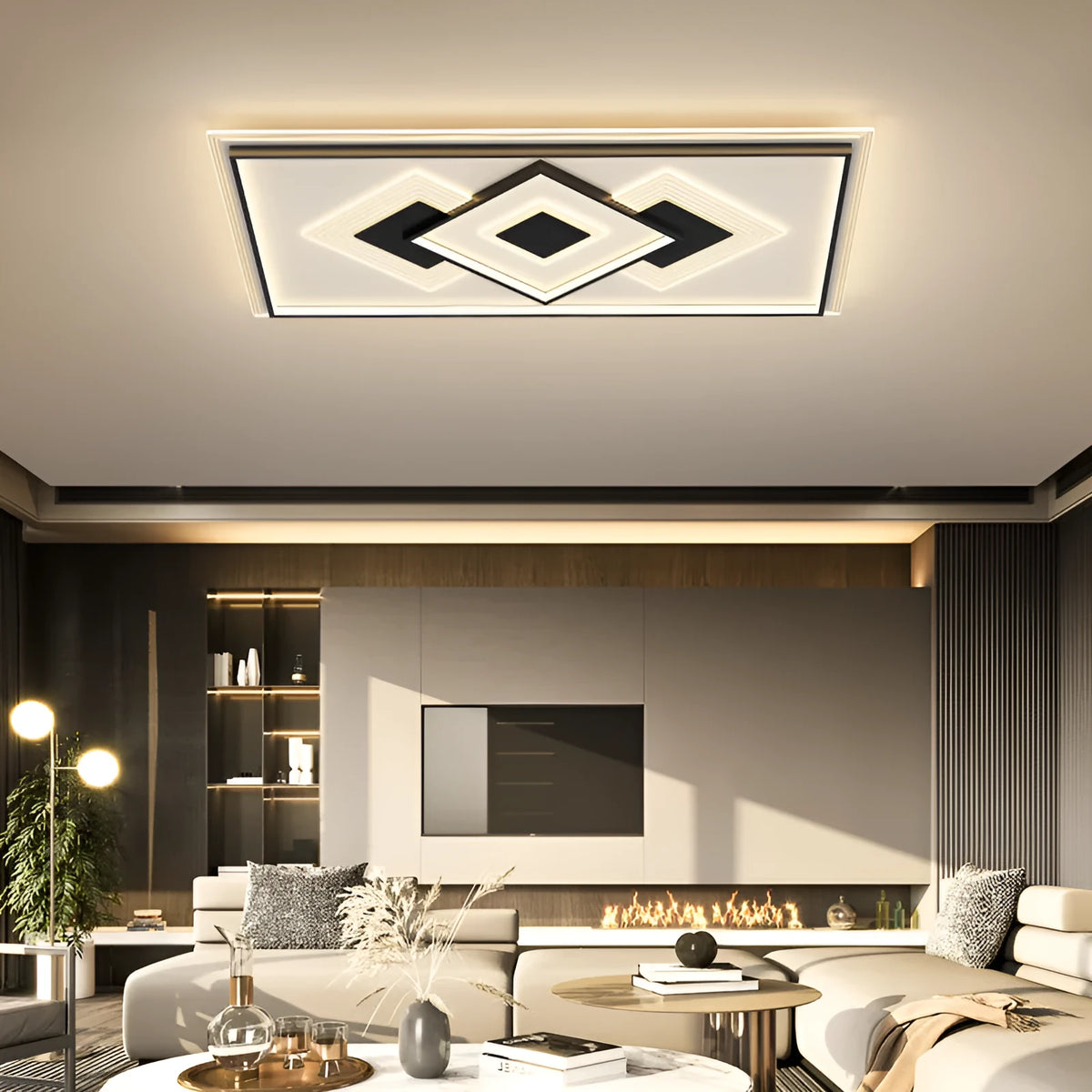 Modern rectangular LED ceiling light, 220V, W1100 x D700 x H55 mm, black and white or gold and white, 53W to 128W, 15-30㎡