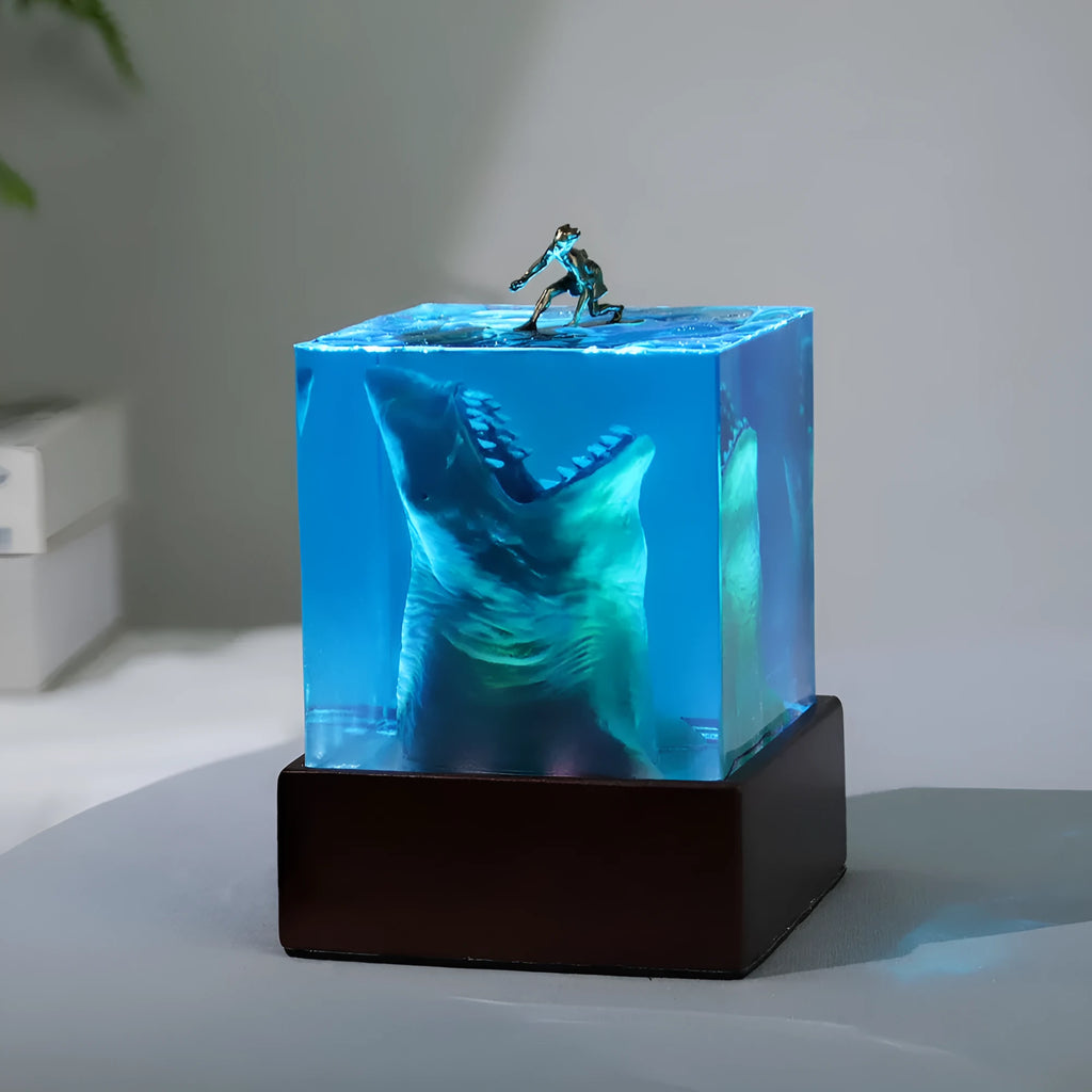 Crystal clear epoxy resin shark surfer night light ornament in 5cm and 8cm sizes