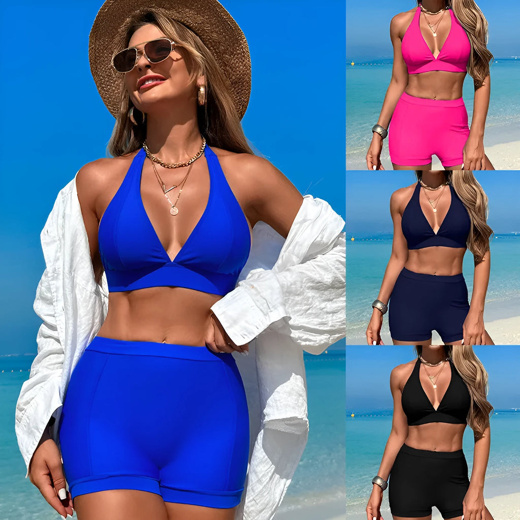 Women's black split bikini swimsuit for swimming and hot spring bathing.