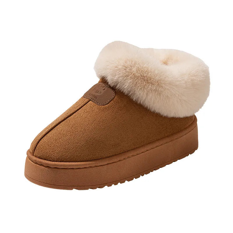 Women's cotton slippers with suede upper and bear logo heel cover in solid colour, round toe, casual style