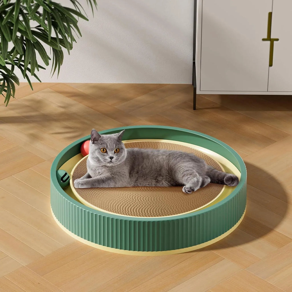 Large circular cat scratching board with ball track and spring plush ball