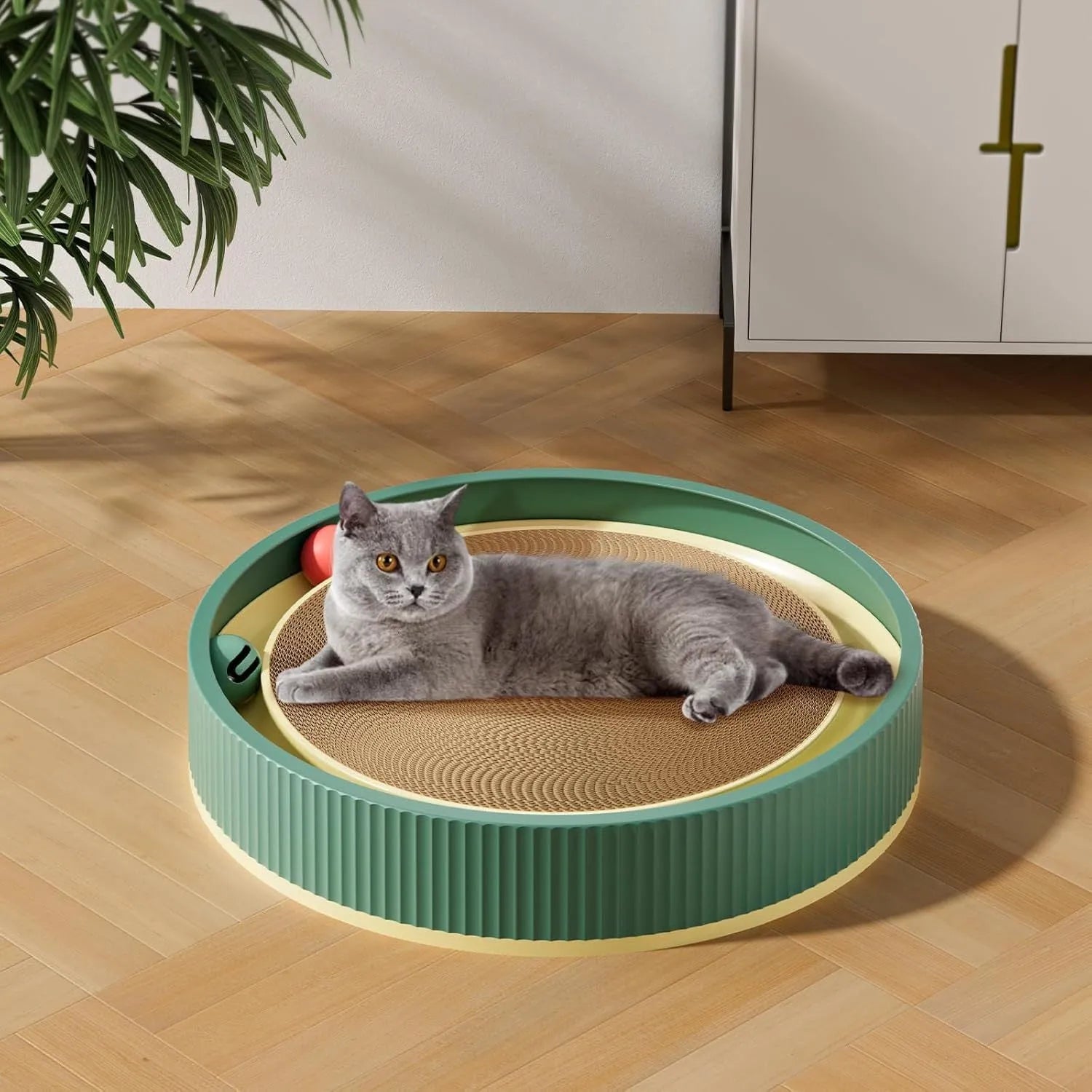 Large circular cat scratching board with ball track and spring plush ball