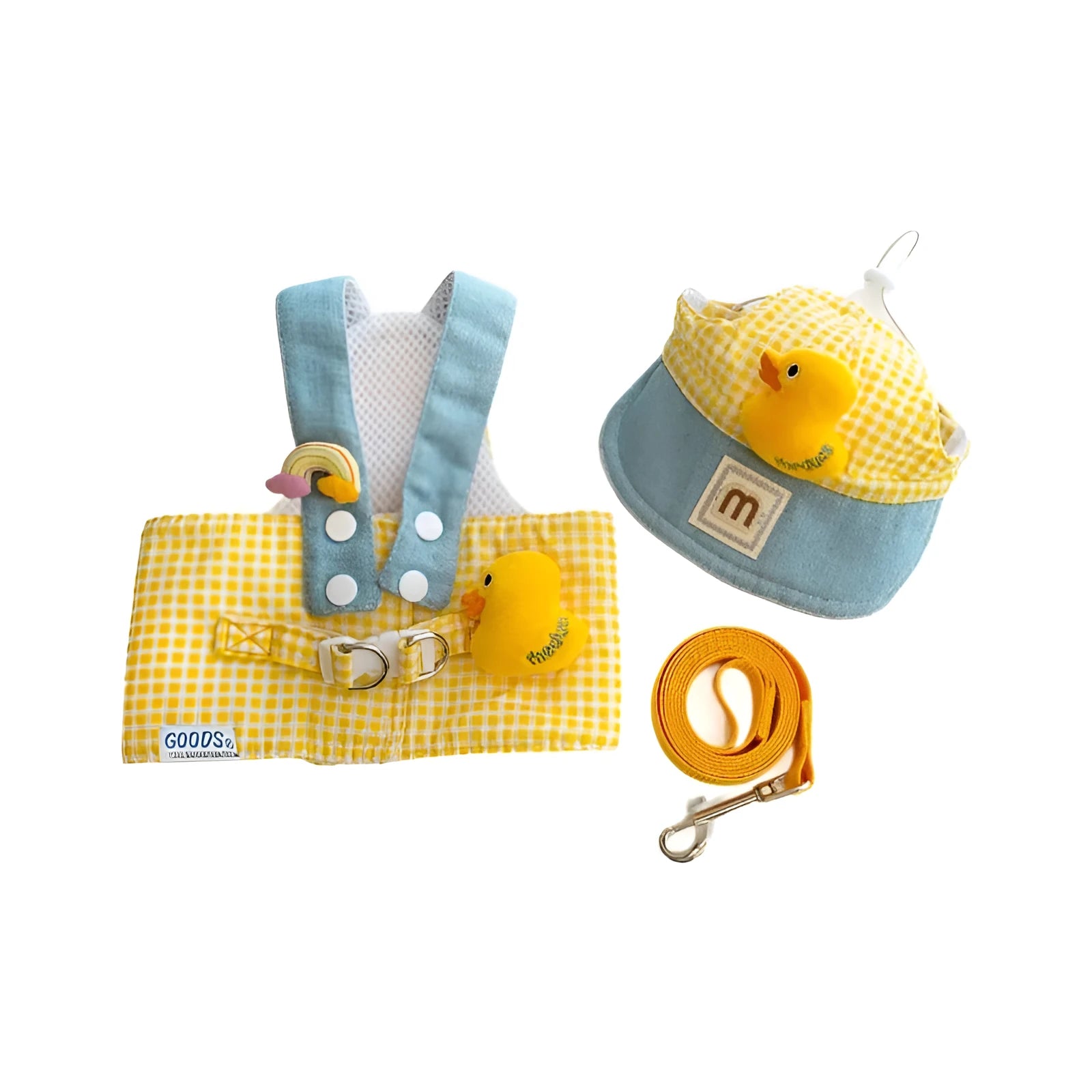 Three-piece pet harness and leash set with cute hat for cats and small dogs in spring summer colors