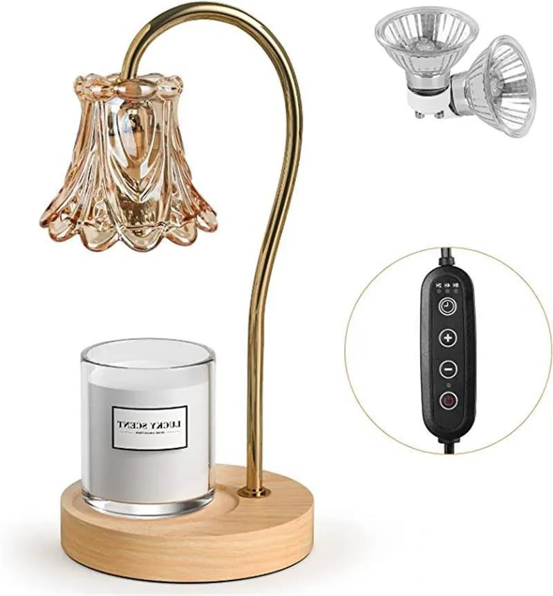 Creative fragrance lamp with bamboo wood holder, amber lily colour, timing and dimming controls, no flame design
