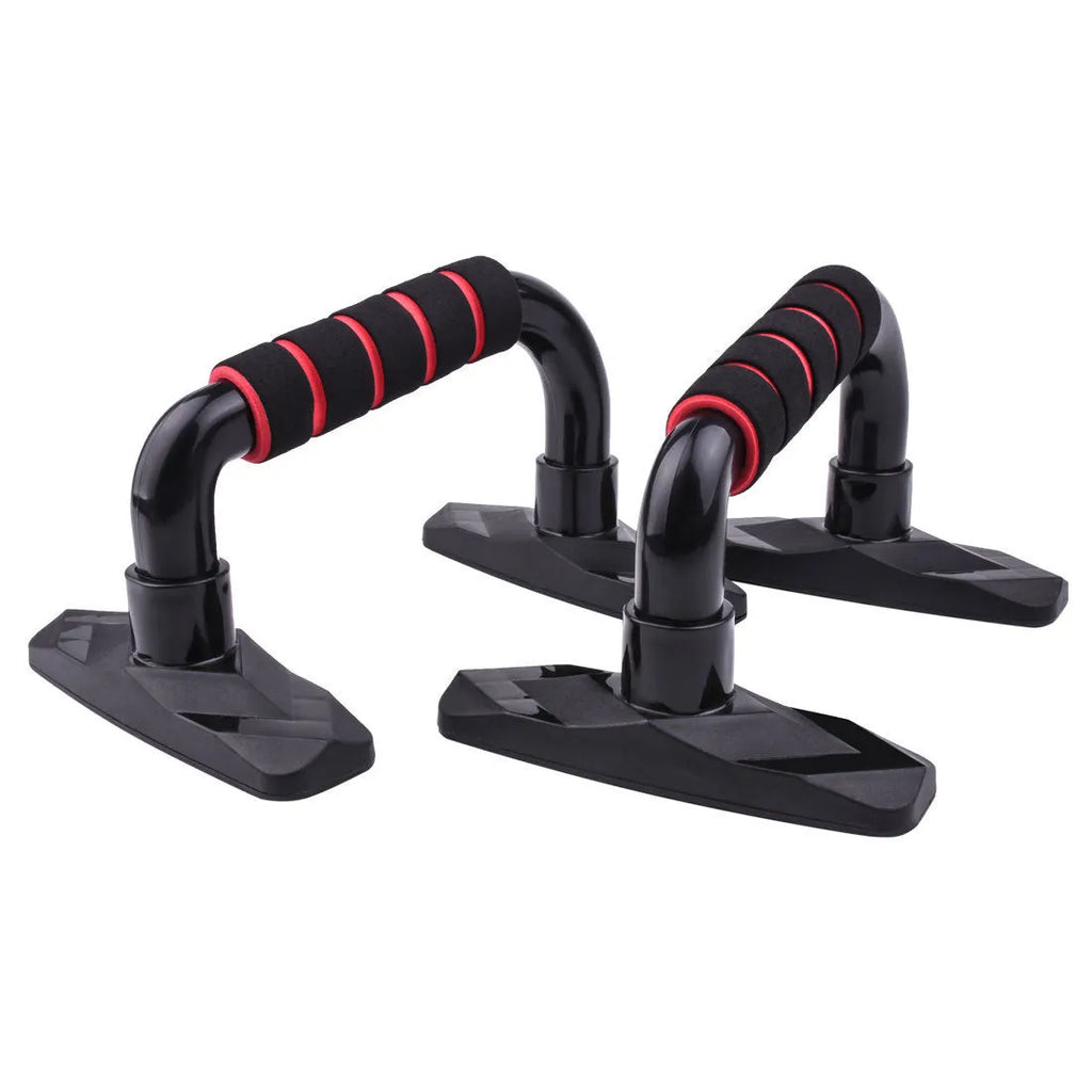 A pair of I-shaped black push up bars with diamond-patterned anti-slip PP sponge grips on a grey background.