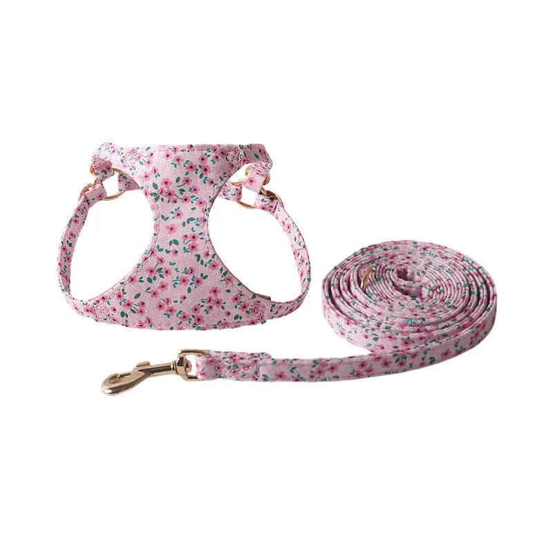 Floral pattern pet harness with matching leash in cloth material showing colour options and single chest back design