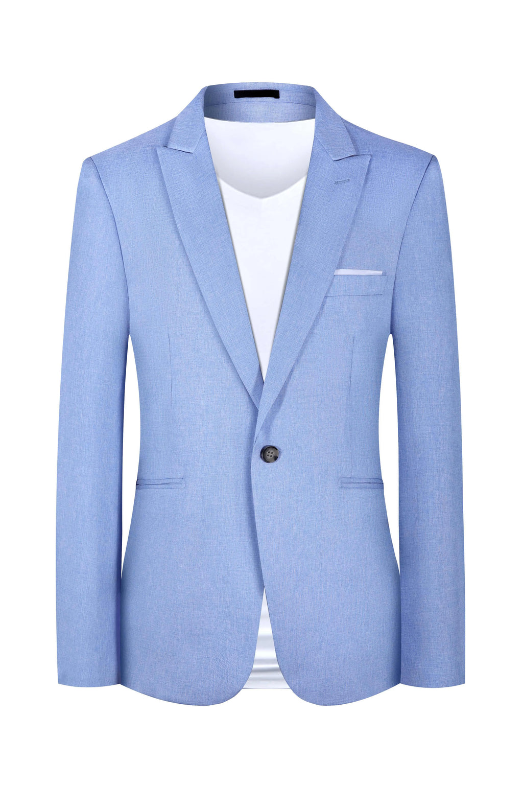Men's light blue casual suit jacket with a Western-style cut on a hanger.