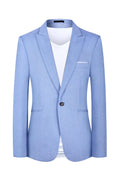 Men's light blue casual suit jacket with a Western-style cut on a hanger.