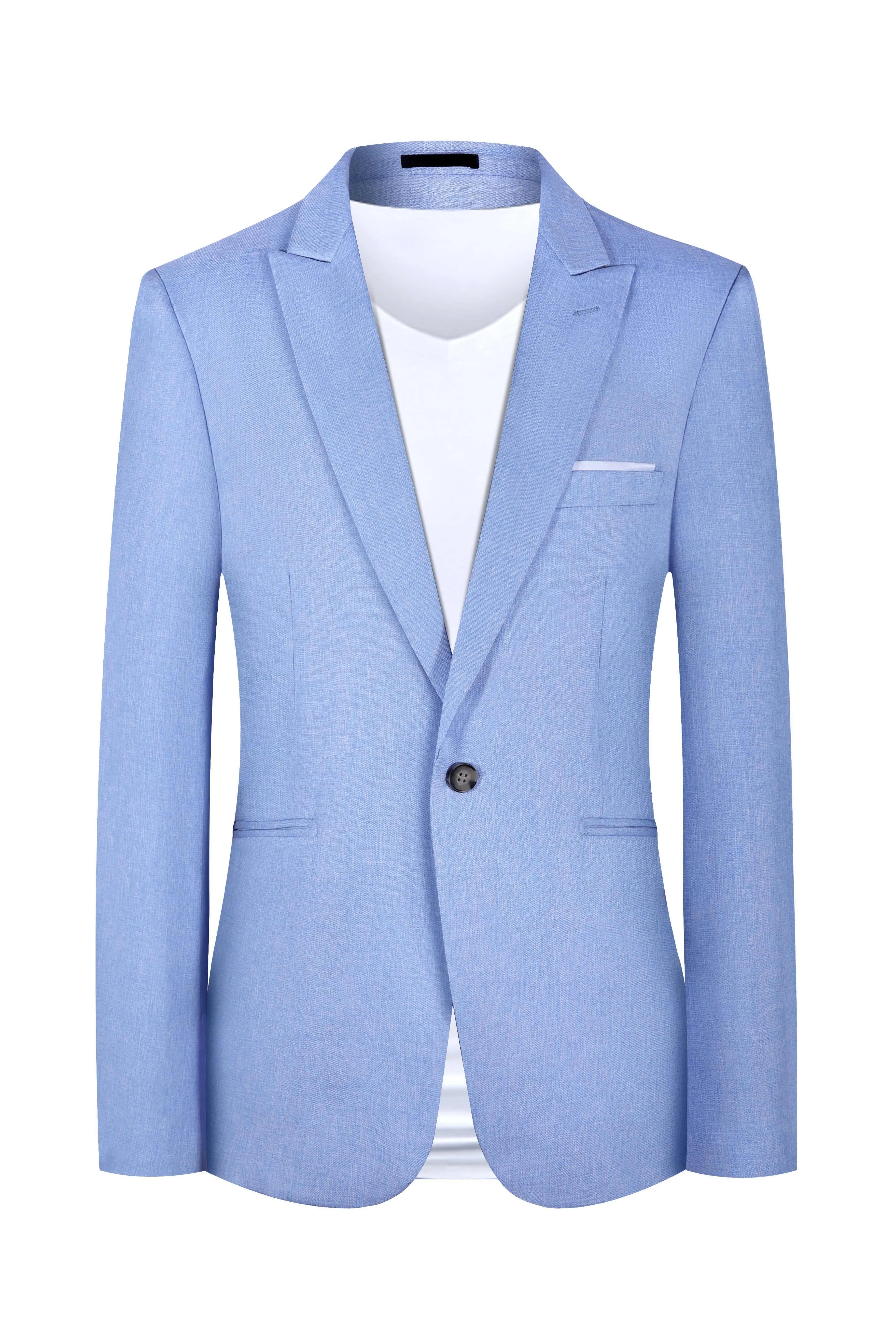 Men's light blue casual suit jacket with a Western-style cut on a hanger.