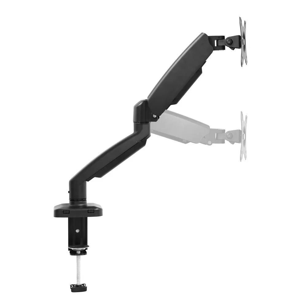 Black table-style LCD screen bracket showing height adjustment and rotation features for monitor mounting