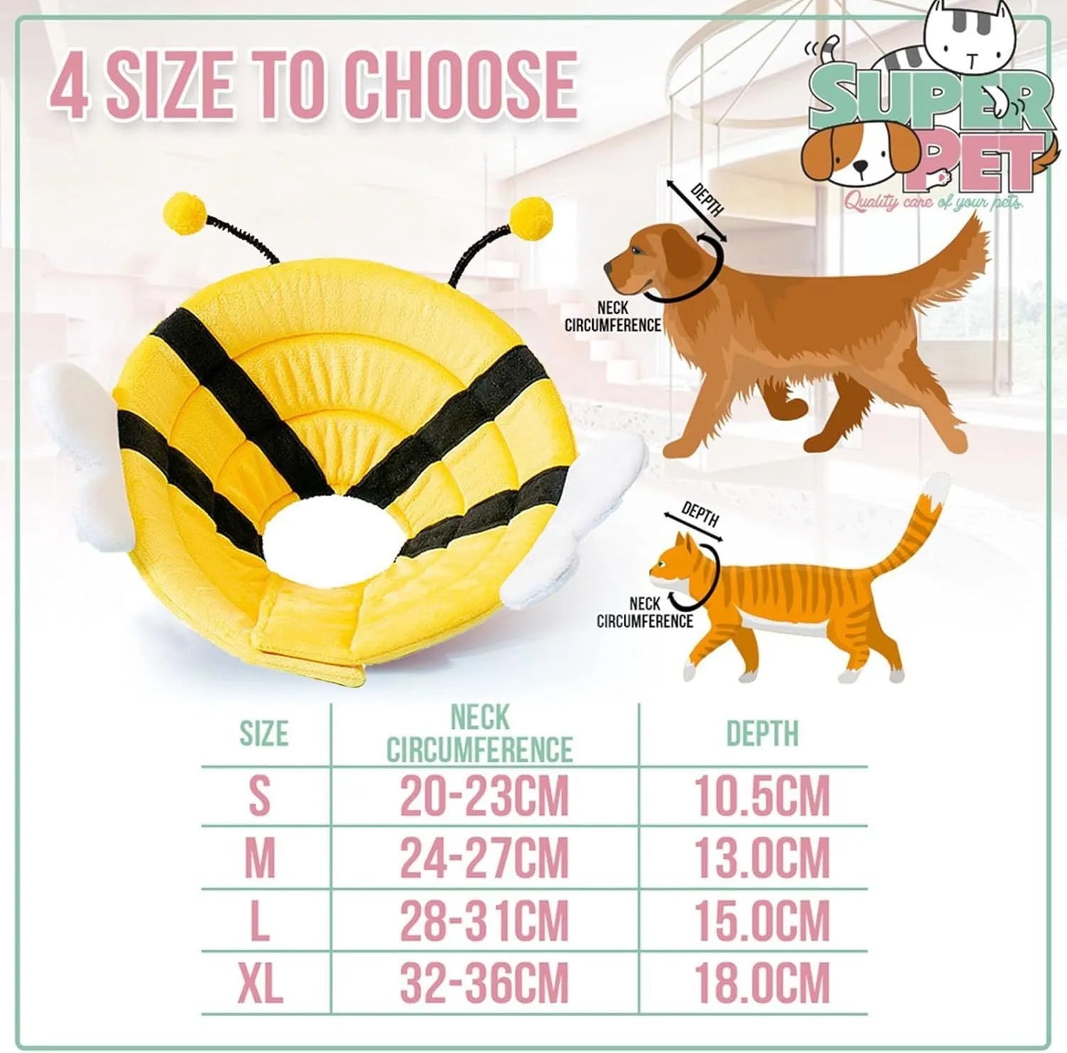 Soft cat cone collar with cute bee design showing Velcro closure and adjustable sizing