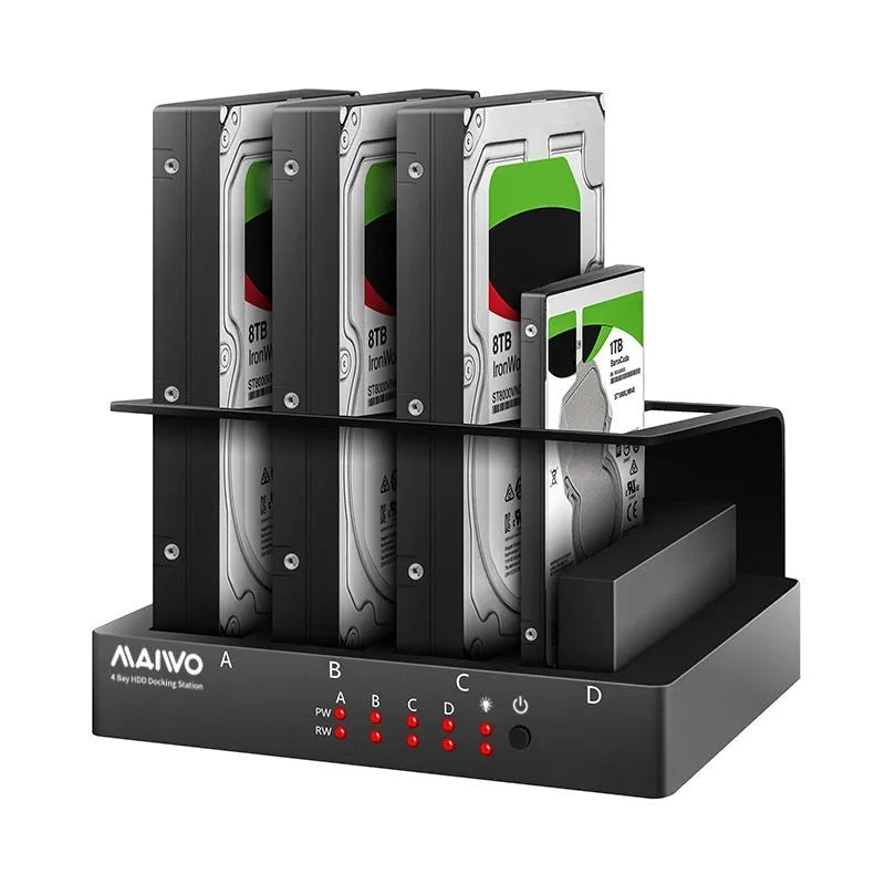 Four bay external hard drive enclosure for 2.5 inch SATA drives with cables