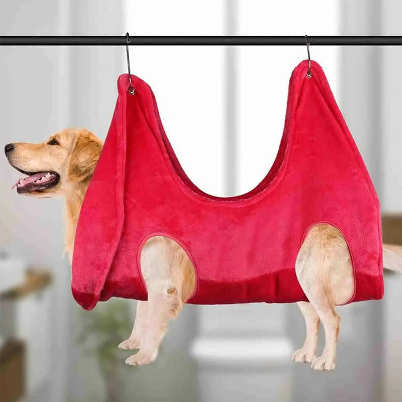 Pet grooming hammock in blue double-layer flannel fabric with reinforced grommets on a white background, available in three sizes