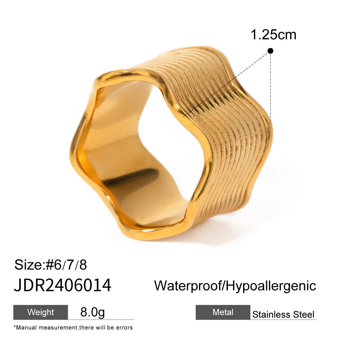 Stainless steel wide band ring with an embossed geometric wave pattern, shown in an electroplated colour.