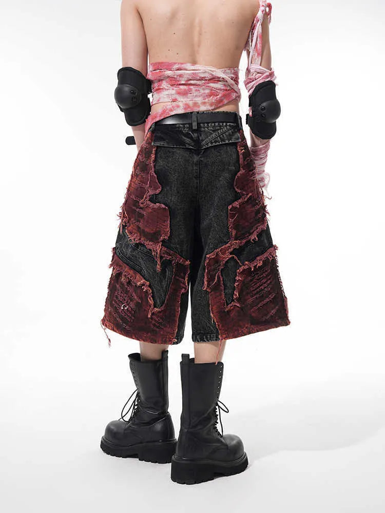 Distressed brushed stitching wide leg denim cropped pants with mid-high waist in picture colour